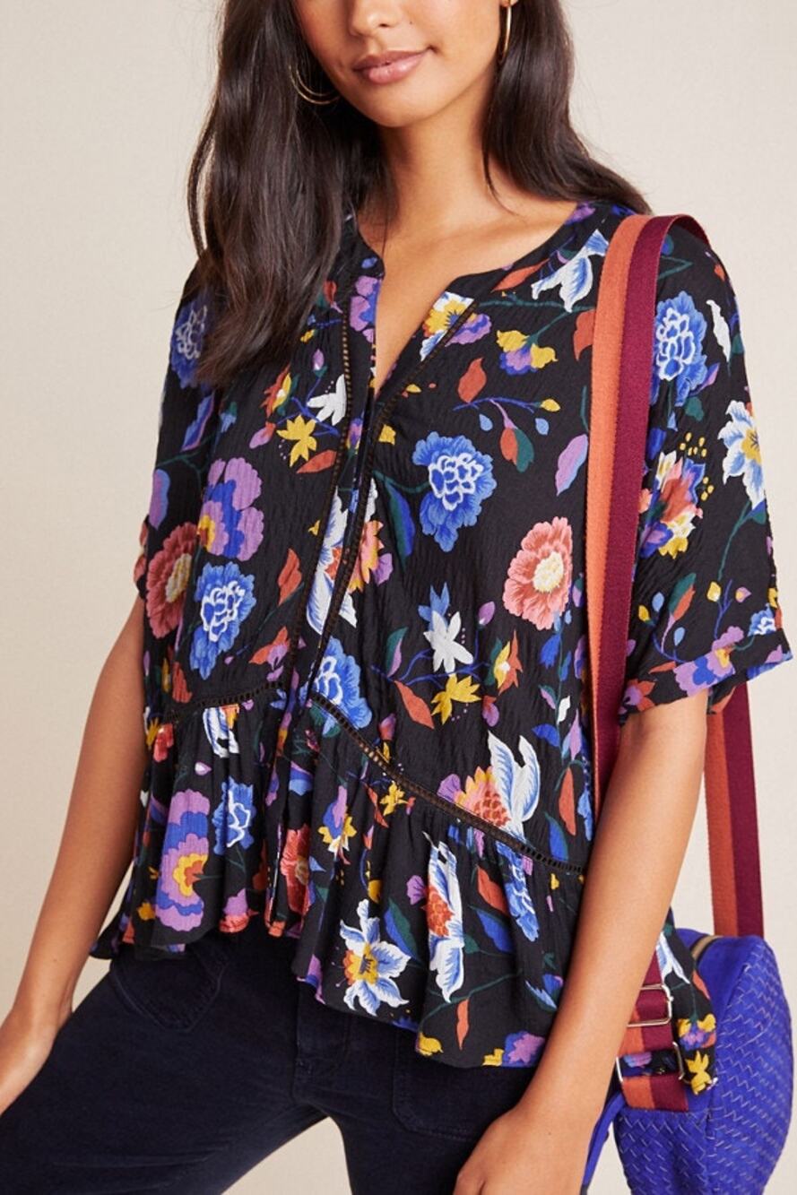 Anthropologie Black + Floral Josie Dolman Flutter Sleeve Blouse Small